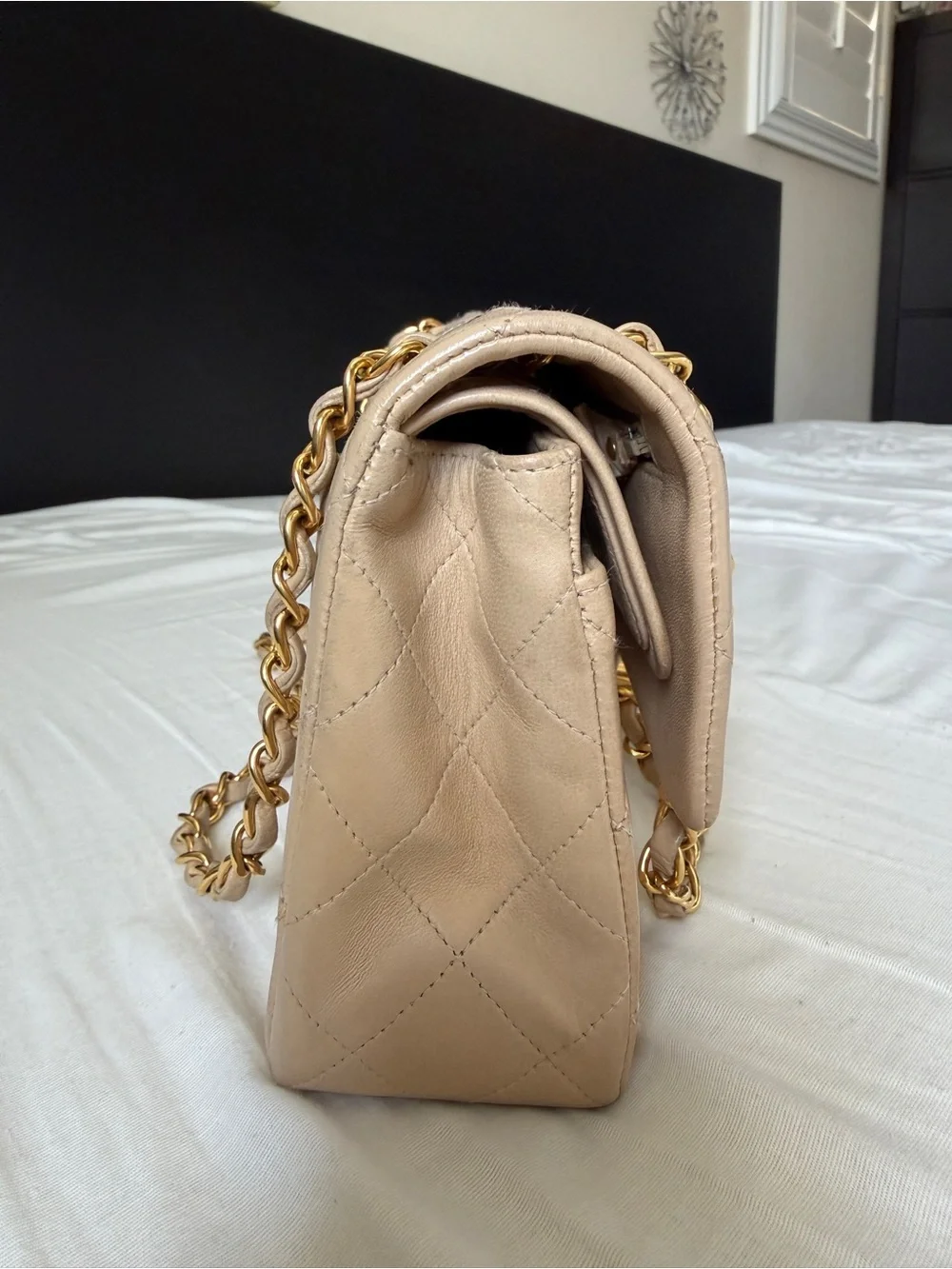 VIntage CHANEL Quilted Double Flap Shoulder Bag in Beige with Gold Hardware